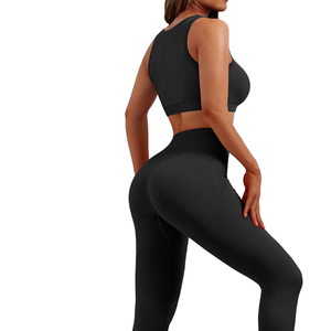 Women's Seamless High Waist Yoga Set Solid Black Racerback Sports Bra Full Length Leggings Four-Way Stretch 2 Piece - Product Image 1