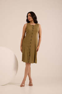 Vestido midi sin mangas con cuello redondo, abertura frontal con botones, corte ajustado, informal, de verano, tejido de algodón y fibra de bambú, color liso, para mujer. - Product Image 3