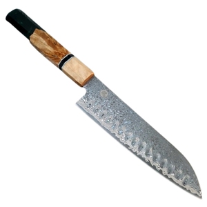 Cuchillo de Chef Santoku de Acero de Damasco Hecho a Mano, Estilo Industrial, Personalizable, de Alta Calidad, Ambidiestro, con Mango de Madera de Resina, Apto para Lavavajillas - Product Image 1