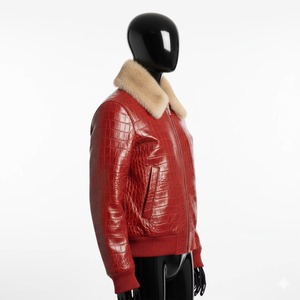 Chaqueta de Cuero Roja para Hombre, Estilo Bomber, con Cuello de Piel con Estampado de Cocodrilo, Cierre Frontal con Cremallera, Resistente al Viento, Estilo Motero para Invierno - Product Image 3