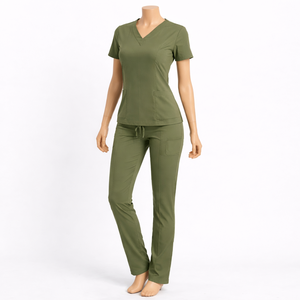 Women Gray Scrub Set Short Sleeve V-Neck Top With Pants Polyester Woven Hospital Uniforms - Product Image 3