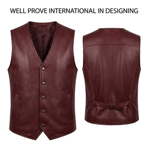 <b>Mens</b> Burgundy Maroon Leather <b>Vest</b> 800 GSM Genuine Cowhide Side Panel Cut Custom Engraved Horn Button Windproof Waistcoat - Product Image 1