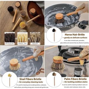 Cepillo para Platos de Bambú con 1 Mango de Madera Resistente y 3 Cabezales de Cerdas Naturales de Crin de Caballo y Sisal, Cepillos de Limpieza Multiusos para Cocina - Product Image 3