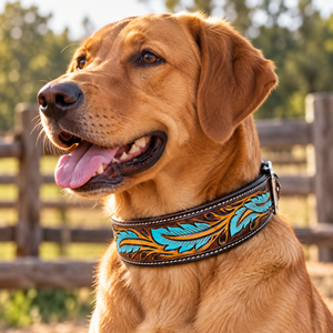 Collar de Cuero Repujado Estilo Western para Perro, con Acolchado Floral Turquesa |   Conjunto de Arnés Ajustable con Hebilla Metálica Resistente para Perros - Product Image 4