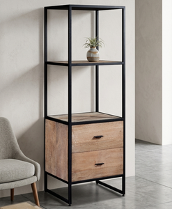 Kyu Modern Living Room High Quality <b>Solid</b> <b>Wood</b> 2-Drawer Storage Unit Minimalist Bookshelf with Black Frame - Product Image 1