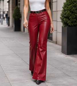 Pantalones acampanados de piel de cordero auténtica roja, pantalones de cintura alta con corte de campana - Product Image 6