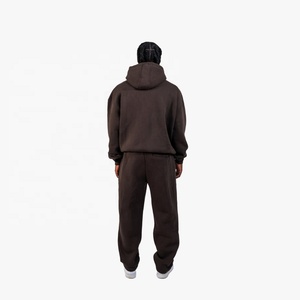 Ensemble de survêtement pour homme en coton marron uni à capuche avec fermeture éclair intégrale, coupe ample, décontracté, pour l'automne, avec poches latérales - Product Image 2