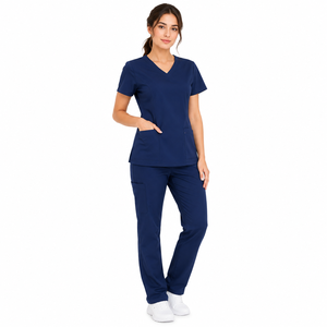 Conjunto de uniforme médico azul marino con cuello en V para mujer, con bolsillos, para uso hospitalario, de color liso, tela tejida, con detección de agujas y fusión sin costuras - Product Image 1