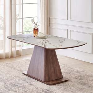 Modern Rectangle Sintered <b>Stone</b> <b>Top</b> Eco-Friendly Durable Handmade Dining <b>Table</b> Conical Wood Base Stable Home Furniture 6 Seater - Product Image 1