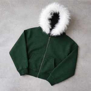 HYPEN SPORTS Sweat à capuche homme en molleton bouclette de coton vieilli, avec capuche amovible en fausse fourrure, fermeture éclair, coupe droite, écologique, style urbain - Product Image 6