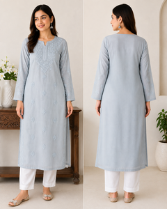 Kurti droit en georgette bleu poudré brodé à la main, style Lucknowi Chikankari, best-seller - Tunique ethnique élégante pour femmes - Product Image 3