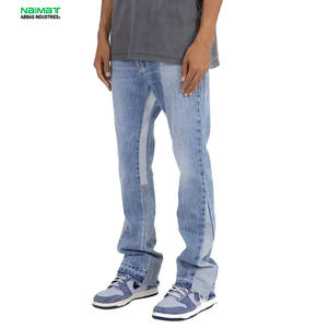 Pantalones Vaqueros de Mezclilla Azul Claro para Hombre, Diseño de Paneles con Parches, Tela de Algodón, Corte Recto Informal para Uso Diario - Product Image 1