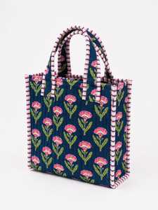 Veer Handicrafts Quilted Cotton <b>Tote</b> <b>Bag</b> <b>Navy</b> Blue Striped Pattern Zipper Closure Handles Fashion Style All Seasons Shopping Use - Product Image 1