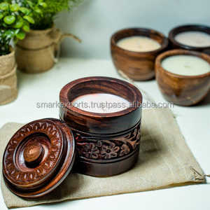 Premium Handmade Wooden Holder <b>Candle</b> with Lid Natural Wax Floral <b>Carving</b> Perfect for Home and Spa Decoration - Product Image 5