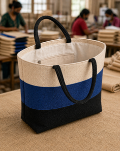 Bolsa de Yute Premium Tricolor Azul, Negro y Blanco con Asas Negras |   Bolsa de Transporte Ecológica y Elegante para Uso Diario - Product Image 5