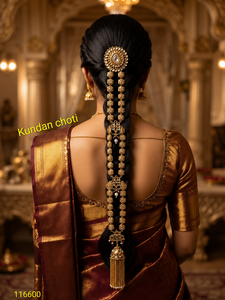 Accesorio de Trenza Nupcial Kundan Tradicional de Lujo, Adorno para el Cabello con Acabado Dorado y Borlas de Perlas, Joyería para el Cabello de Novia - Product Image 1