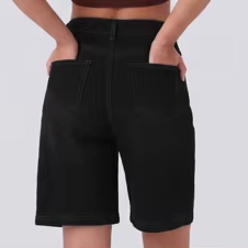 Shorts en jean taille haute coupe droite ample pour femme – Extensible, noir, décontracté et polyvalent pour l'été - Product Image 5