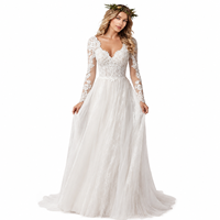 Robe de mariée élégante ivoire style bohème grande taille, col en V profond, manches longues, appliques en dentelle, coupe trapèze en tulle, traîne balayante, respirante