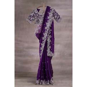 ผ้าส่าหรีสีม่วง ยี่ห้อ Sai Creation ผ้าโพลีเอสเตอร์ สำหรับงานปาร์ตี้ ตกแต่งด้วยงานปักและเลื่อม ขนาด M สไตล์อินเดีย/ปากีสถาน - Product Image 4