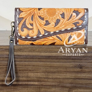 Handmade Tooled Leather Sunflower Pattern <b>Women</b> Clutches High Quality Stylish Cash & Card Holder Long Clutch Evening <b>Wallet</b> - Product Image 1