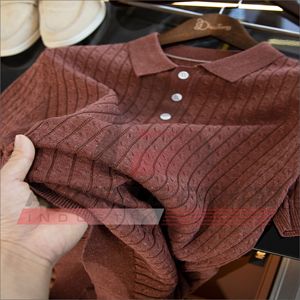Polo en maille torsadée pour homme, mélange lyocell et lin, motif pointelle rayé, coupe ajustée asiatique, hauts décontractés d'été – Vente en gros - Product Image 4