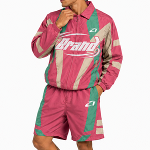 Ensemble veste coupe-vent et short en nylon rose rétro pour homme, style Y2K, color block, streetwear premium, sportswear, hoodies - Product Image 4