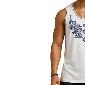 <b>White</b> <b>Men</b> Sleeveless Tank Top With Floral Embroidery Design Summer Casual <b>Vest</b> Gym Fitness Muscle Shirt Cotton Beach Wear - Product Image 3