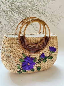 Embroidered Water Hyacinth Beach Handbag & <b>Hat</b> for Summer Beach Handmade Bohemian Style Straw Bag and Embroidered <b>Hat</b> Set Bulk - Product Image 2