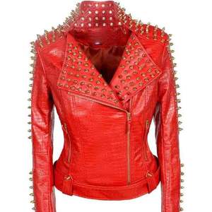 Red Sheep Skin Handmade Breathable Moto <b>Jacket</b> Gold Rivets Turn-down Collar Full Sleeve Zipper Closure Women's <b>Biker</b> Style - Product Image 1