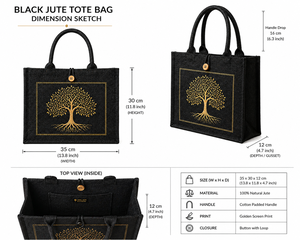 Black Laminated Jute Tote <b>Bag</b> Golden Print <b>Tree</b> Pattern Button Closure Eco Friendly Reusable Wedding Groceries Wine Custom Logo - Product Image 3