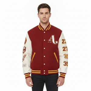 Men's <b>Red</b> Varsity Jacket With Embroidered Letter A And Patch Designs Turn-down Collar Preppy Style Autumn Wear - Product Image 2