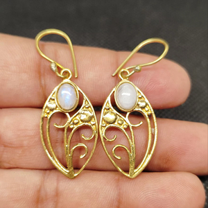 Moonstone Export Brass Gemstone Drop <b>Earrings</b> Bulk Handcrafted Gold Plated Finish Moonstone Pattern Bezel - Product Image 1