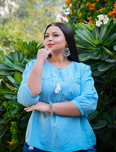Embroidered Cotton Blend <b>Top</b> Light Blue <b>Keyhole</b> Neck Regular Sleeves Plus Size Women's SOLID Casual Wear Wholesale Ladies <b>Top</b> - Product Image 3