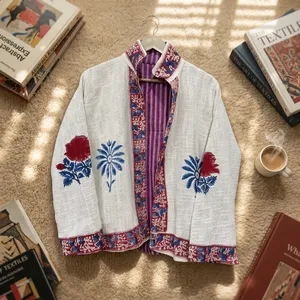Block Print <b>Womens</b> White Embroidered Floral Mandarin Collar Jacket Open Front Prairie Chic <b>Spring</b> <b>Coat</b> - Product Image 1