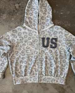 Wholesale Custom <b>Grey</b> Leopard Print <b>Zip</b> Up <b>Hoodie</b> for men and <b>women</b> with Raw Edge Detailing and Chenille Letter Embroidery - Product Image 5