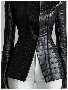 Chaqueta de cuero con estampado de cocodrilo, cuello vuelto, corte regular, estilo slim para otoño, chaqueta de cocodrilo para mujer - Product Image 6