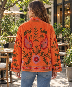 Handcrafted Orange <b>Velvet</b> Jacket Suzani Embroidery, Floral Boho Style <b>women's</b> winter <b>coat</b> - Product Image 3