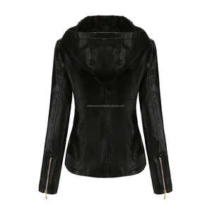 Chaquetas de mujer de cuero negro con capucha largas y elegantes con bolsillos con cremallera y forro Sherpa acogedor transpirable para comodidad y estilo de invierno - Product Image 2
