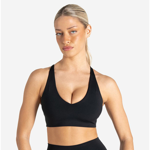 Sujetador deportivo negro con logo personalizado, talla grande, ajustable por delante y con abertura en la espalda, liso, de alta elasticidad para fitness de mujer adulta - Product Image 3