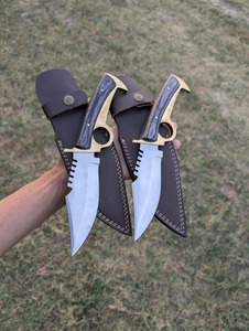Couteau de chasse à lame fixe avec manche en bois, lame à pointe tombante, bord dentelé, acier inoxydable, étui en cuir, OEM, lot de 2 - Product Image 1