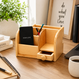 Porte-stylos en bois moderne fait main et organiseur de cartes de visite avec tiroir pour rangement de bureau - Product Image 6