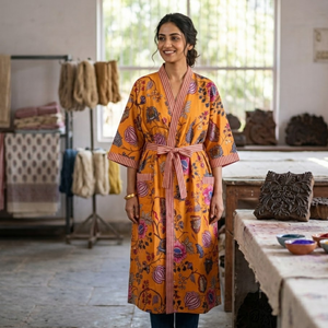Bata Kimono de Algodón con Estampado Floral Naranja Hecha a Mano, Cuello en V, Mangas Largas, Ribete en Contraste, 2 Bolsillos, Cordón Ajustable, Largo, para el Hogar - Product Image 4