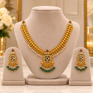 Ensemble de bijoux de mariée plaqué or, collier et boucles d'oreilles perlés, bijoux de mariage ethniques pour femmes - Product Image 1