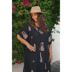 Vestido Kaftán Negro Estampado para Mujer, Corte Holgado, Estilo Boho, Maxi Kaftán con Cuello en V, para Playa, Vacaciones y Resort - Product Image 3