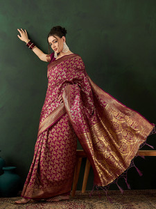 Sari indien ethnique traditionnel en soie artificielle marron à double bordure, avec brocart floral doré, séchage rapide, longueur au sol, pour mariage, pour femme - Product Image 4