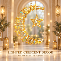 Décoration murale en forme de petite lune lumineuse à piles avec cadre en fil doré et ruban irisé, durable et réutilisable pour le Ramadan