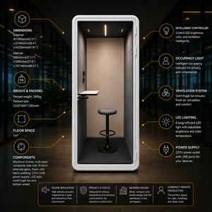 Cabine de bureau intelligente, écologique et au design moderne, avec structure en aluminium, insonorisée, poste de travail privé, éclairage LED, bureau à domicile autonome - Product Image 2