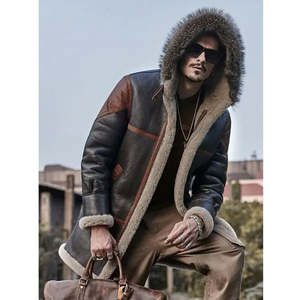 Veste en cuir véritable pour homme avec doublure en fausse fourrure, fermeture éclair à capuche, coupe-vent, manteau d'hiver, coupe classique, style moto - Product Image 2