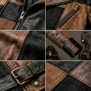 Chaqueta de cuero asimétrica de patchwork para hombre al por mayor, proveedor y fabricante de ropa exterior de moto de piel de vaca con pelo personalizada - Product Image 6
