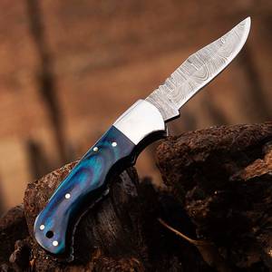 UA Supplies Damascus Steel Clip Point Folding Knife Blue Wood Handle 0.5in Thick 6.5 Overall Length EDC Utility Tactical OEM - Product Image 3